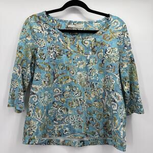 Peruvian Connection Tee Womens Small Blue Floral Classic Light Weight Coastal